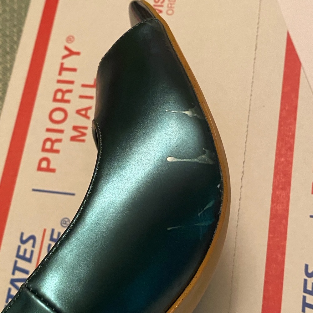 Guess Metallic Green Peep Open Toe Heels Pumps Jaane Holiday X-mas Size 7.5 - Picture 14 of 14